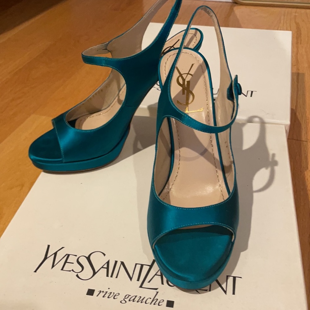 Yves Saint Laurent - Teal satin Tribute sandals. Sz 6 - Picture 2 of 7